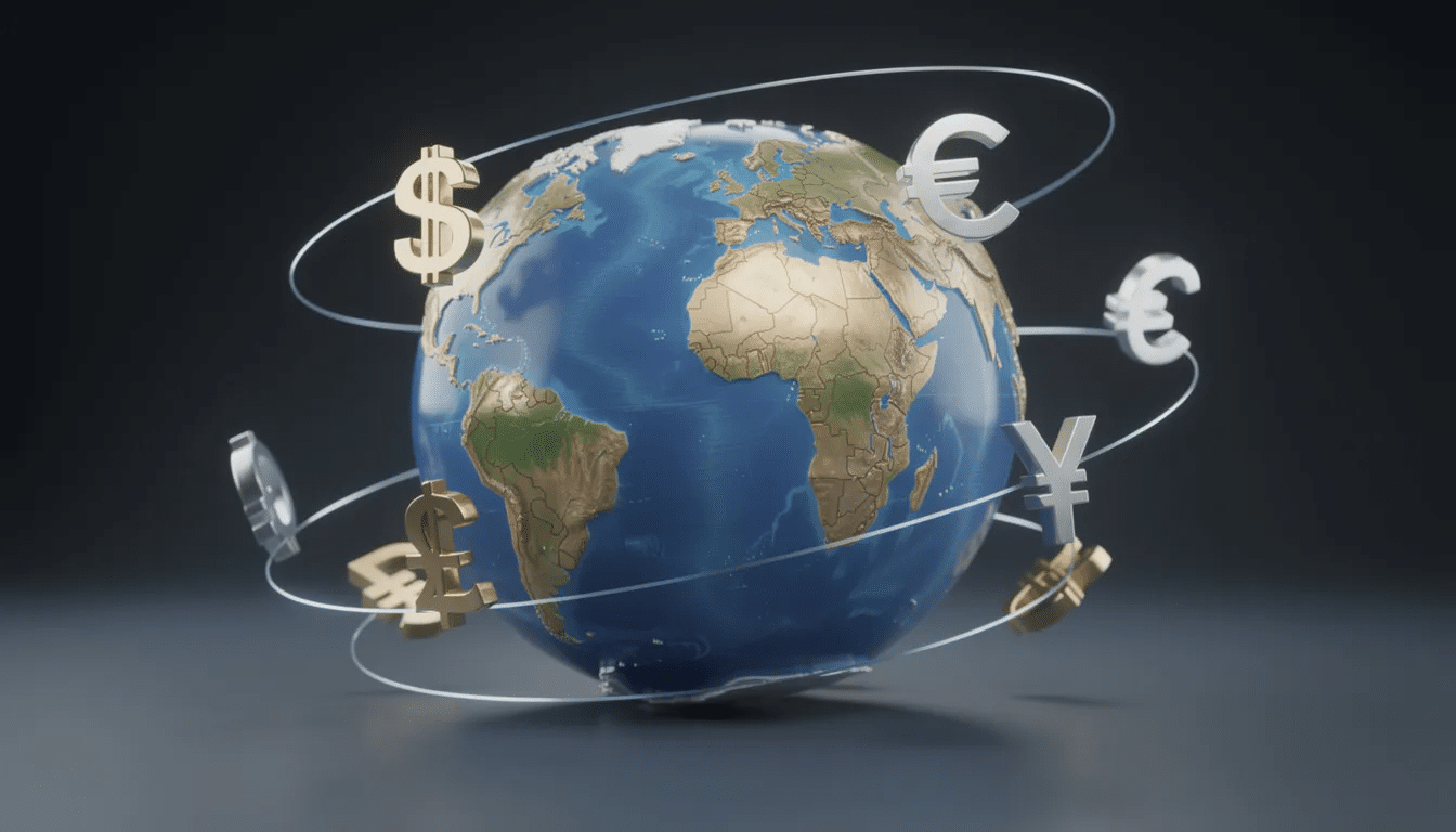 The image depicts a globe surrounded by various currency symbols representing different continents, symbolizing the global nature of payroll processing for independent contractors. This visual highlights the complexities of managing payroll taxes and compliance requirements across multiple regions and projects.